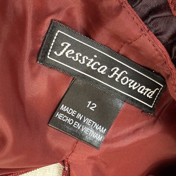 Jessica Howard Midi Party Dress Sz 12 Wine Taffeta Sleeveless Ruffle Fit & Flare - Picture 9 of 10